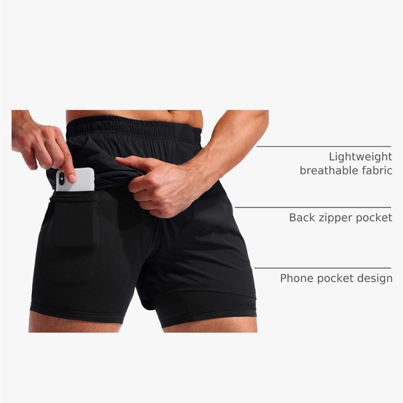 NEW Pudolla Black 2 in 1 Running Shorts 5" Quick Dry Gym Athletic Workout Shorts - Picture 3 of 14